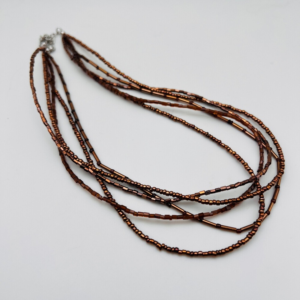 Multi Strand Bronze‎ Seed Bead Necklace Adjustable Lobster Claw Clasp Boho Style
